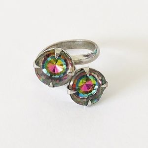 Vintage Sarah Coventry rainbow iris glass moi et toi rhinestone silver ring 5.5